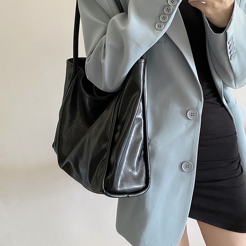 6510# Túi Tote Da Trơn Viền Gân Oversize