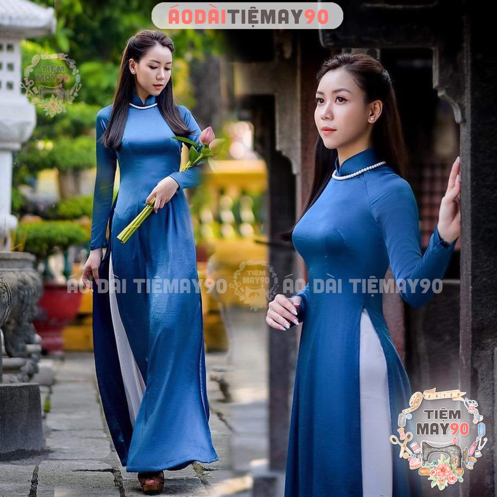 Áo dài truyền thống xan Navy đậm Tiệm 90 may sẵn cổ sen tay dài lụa navi cổ vịt dự tiệc cưới lễ tết đẹp AD90086