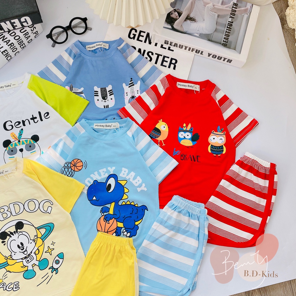 Full Size  Bộ Cộc Tay Phối Sọc In Hình Khủng Long Siêu Xinh Dành Cho Bé.