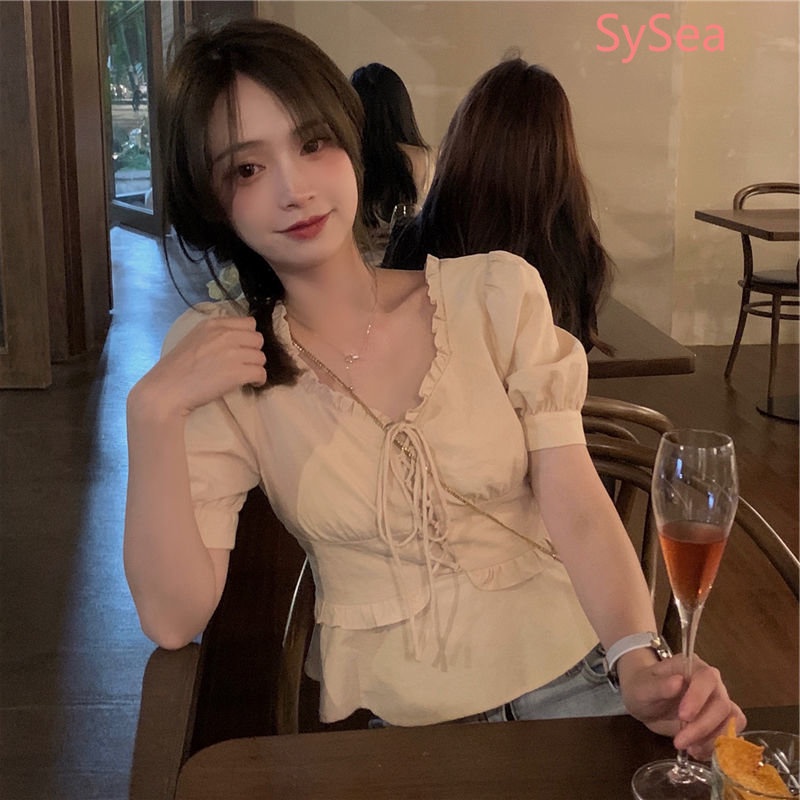 Plus Áo Kiểu Tay Ngắn Rút Dây Phong Cách Vintage Pháp Cho Nữ