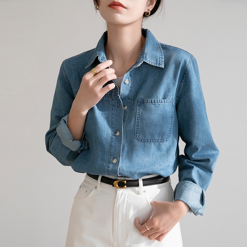 Áo Sơ Mi Denim Tay Dài Màu Xanh Dương Phong Cách Chic Hồng Kông Thời Trang Xuân Thu Cao Cấp Cho Nữ