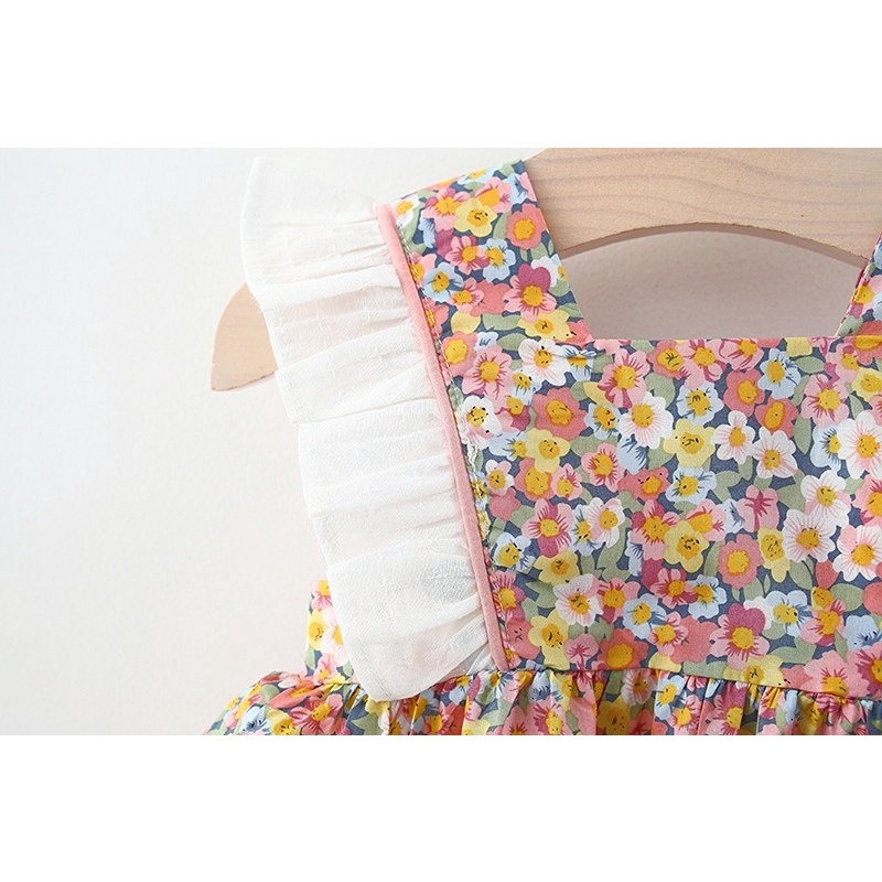 Đầm công chúa hai dây vải cotton in hoa đính nơ thời trang mùa hè xinh xắn dành cho bé gái