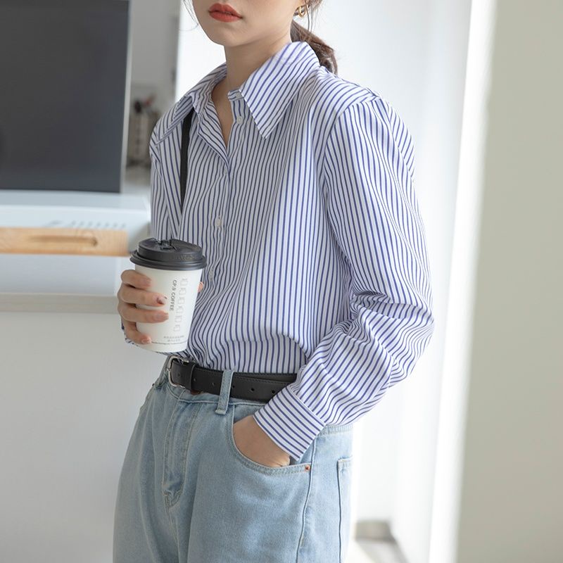 Áo Sơ Mi Dài Tay Họa Tiết Sọc Dọc Phong Cách Hong Kong Thời Trang Cho Nữ