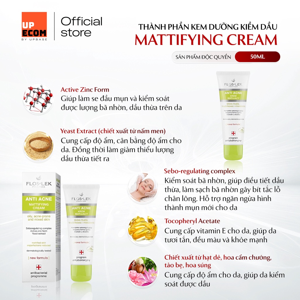 Kem dưỡng kiềm dầu Floslek Mattifying Cream hỗ trợ kiểm soát dầu nhờn, giảm mụn, thông thoáng lỗ chân lông 50ml