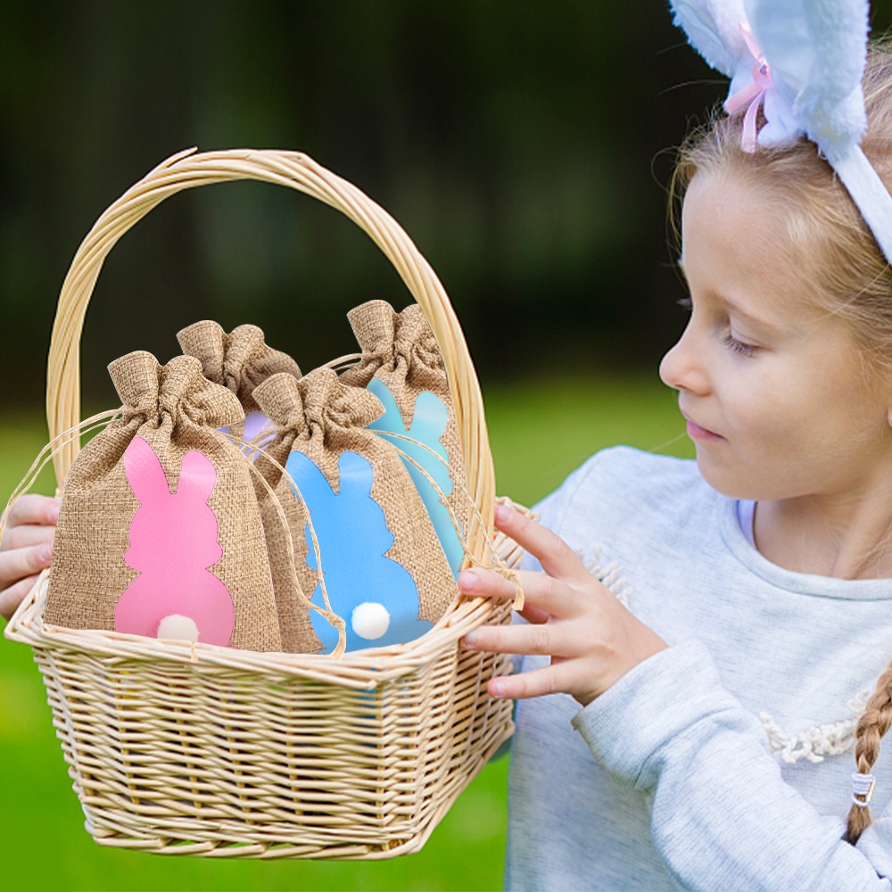 Set 6 Túi Dây Rút Vải Lanh Đựng Bánh Kẹo Trang Sức Hình Thỏ Dễ Thương