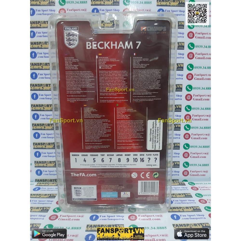 Tượng cầu thủ bóng đá David Beckham 7 England 2005 2006 2007 home white FT Champs 4-4-2
