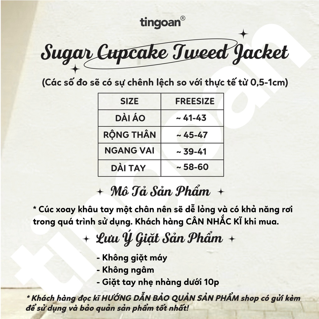 TINGOAN® - Áo khoác tweed nhung cổ tròn  đính cúc kim loại ánh vàng SUGAR CUPCAKE JACKET/YL