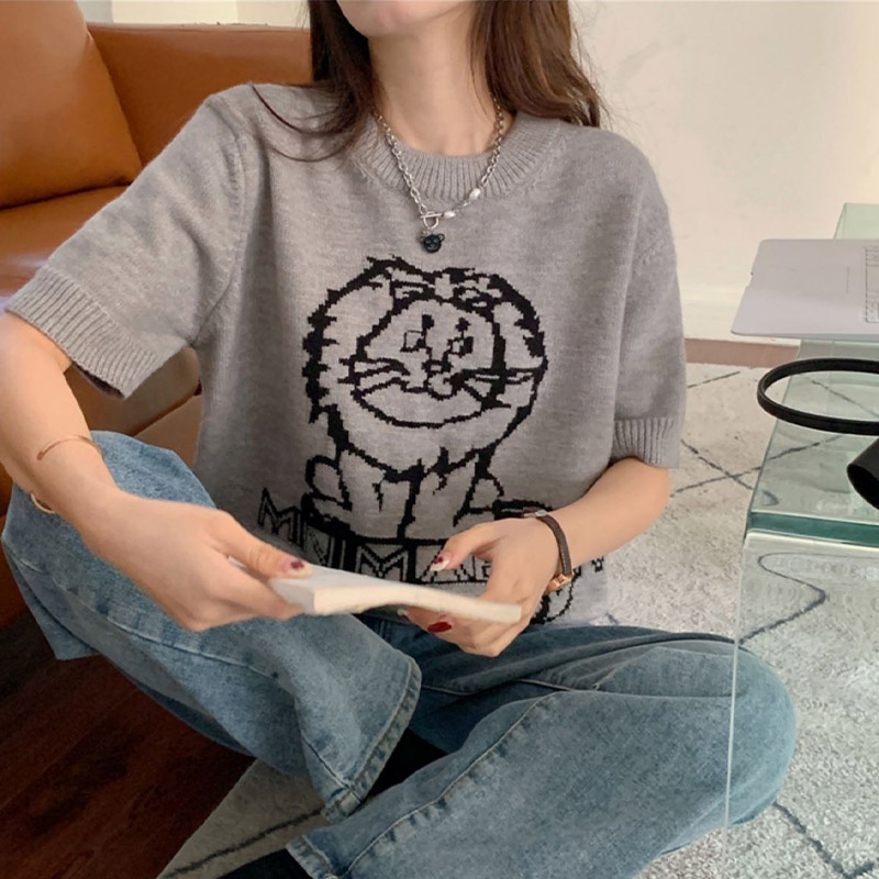 Áo Sweater Dệt Kim Tay Ngắn Cổ Tròn Dáng Rộng In Hoạt Hình Thời Trang Mùa Hè 2023 Cho Nữ