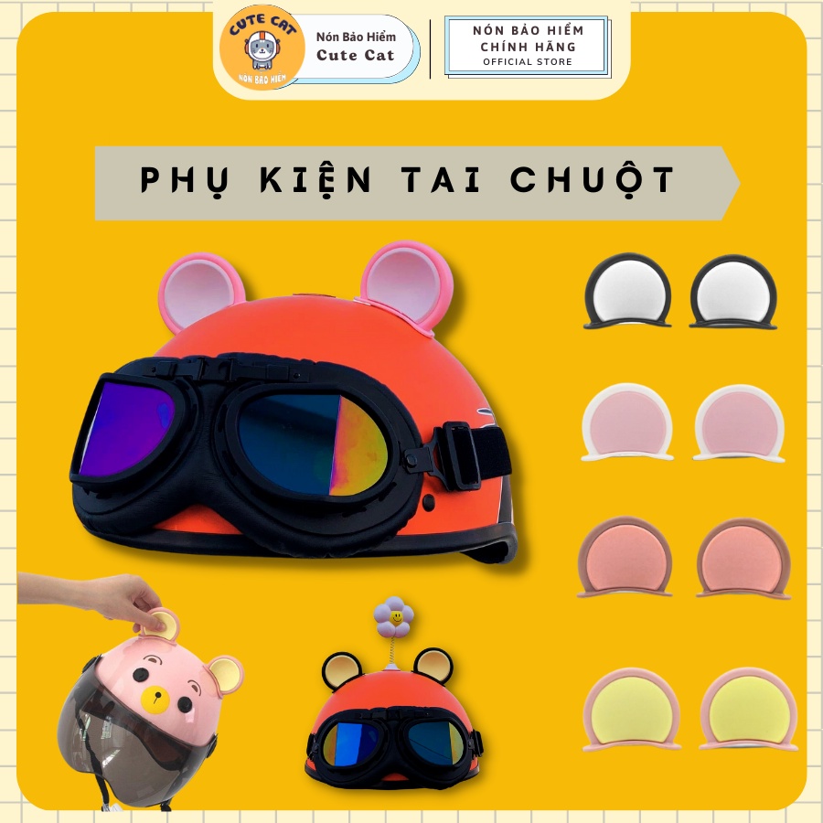 Tai Chuột Gắn Mũ Bảo Hiểm 1/2 Đầu Kính Phi Công, Phụ Kiện Tai Chuột Mickey 2 Màu Nón Hiểm Dễ Thương CUTE CAT