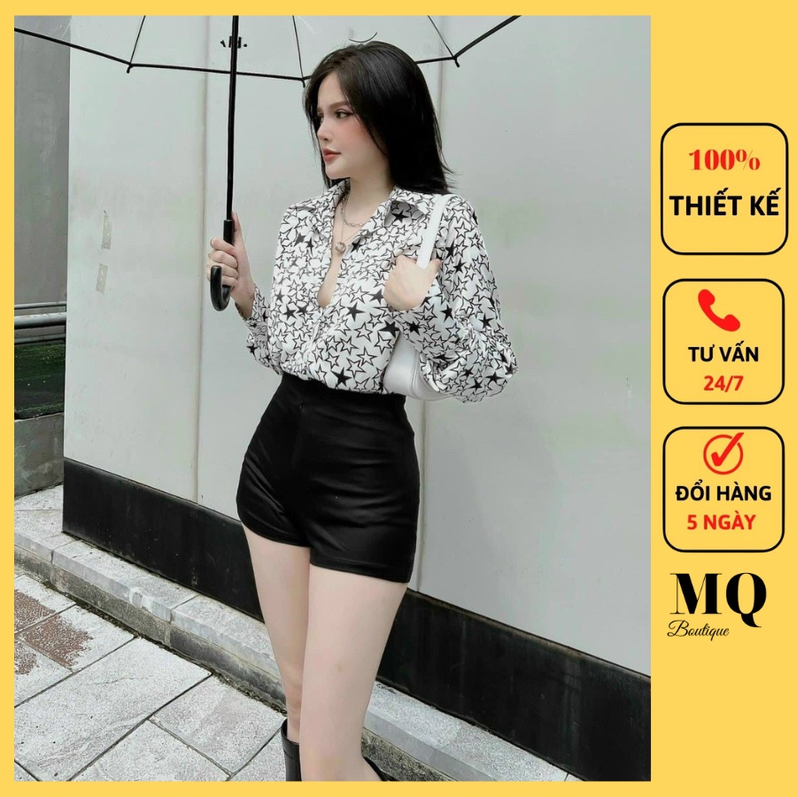 Áo lụa sơ mi nữ thiết kế họa tiết sao trắng đen to nền trắng trang nhã, áo sơ mi họa tiết thiết kế MQ Boutique