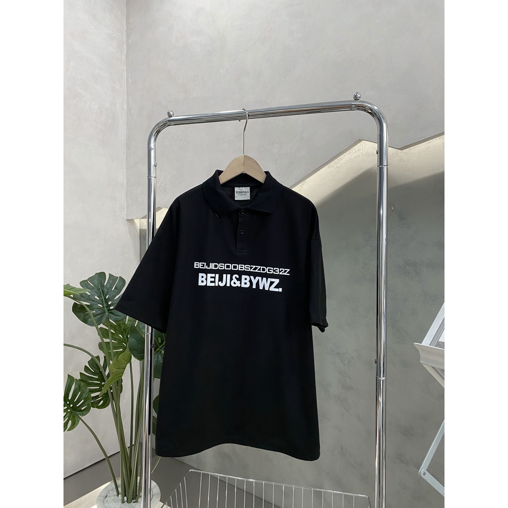 Áo Thun Polo Nam Màu Đen In Chữ Trắng Form Rộng Chất Liệu Cotton VNXK