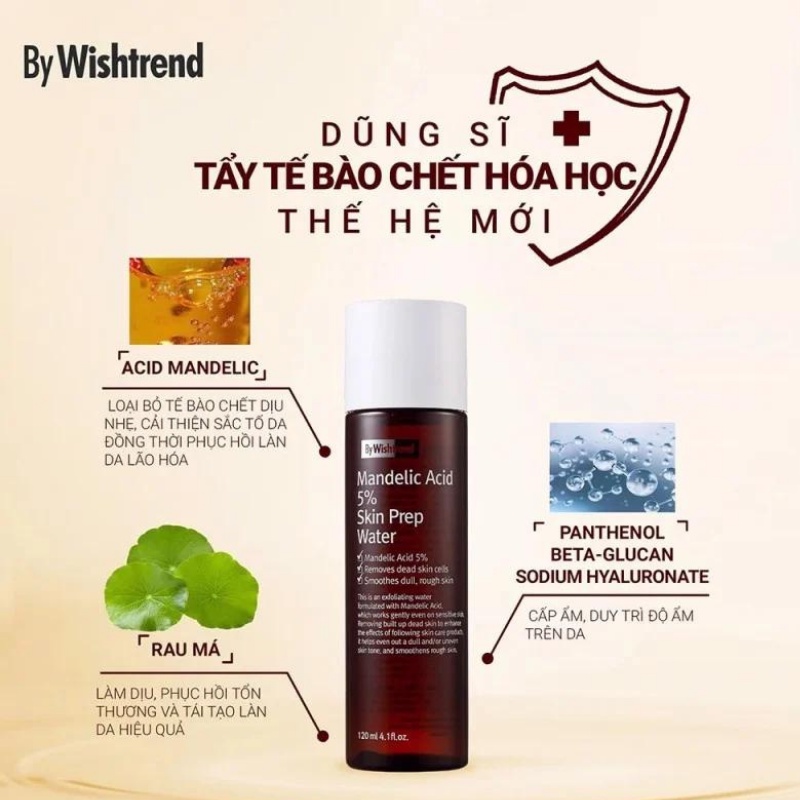 [Tem phụ] Tẩy da chết dịu nhẹ By Wishtrend Mandelic Acid 5% Skin Prep Water 120ml giúp mịn da, mờ thâm