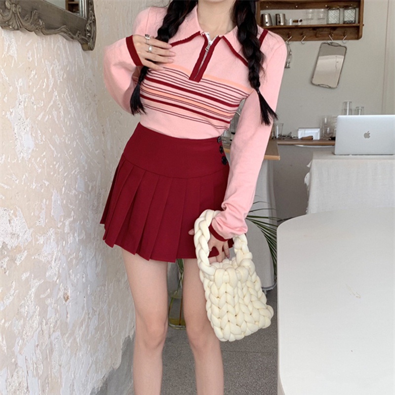 IELGY  Áo sweater Dệt Kim Cổ polo Kẻ Sọc Màu Sắc Tương Phản Ngọt Ngào Cho Nữ