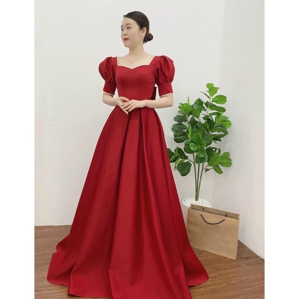 Đầm maxi cưới TRIPBLE T DRESS cổ U tay ngắn phồng hở lưng kết viền ngọc - size S/M/L - MS273Y