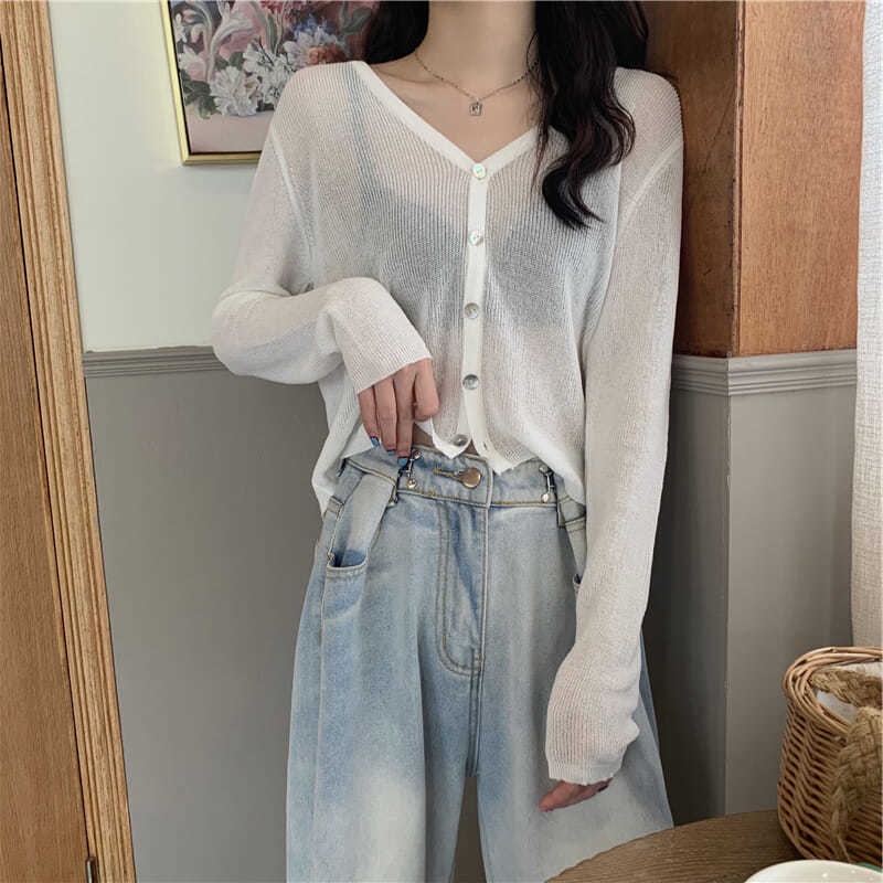 áo kiểu khoác cardigan dệt kim tay dài sơ mi croptop len cổ chữ v chất liệu lụa chống nắng thời trang cho nữ