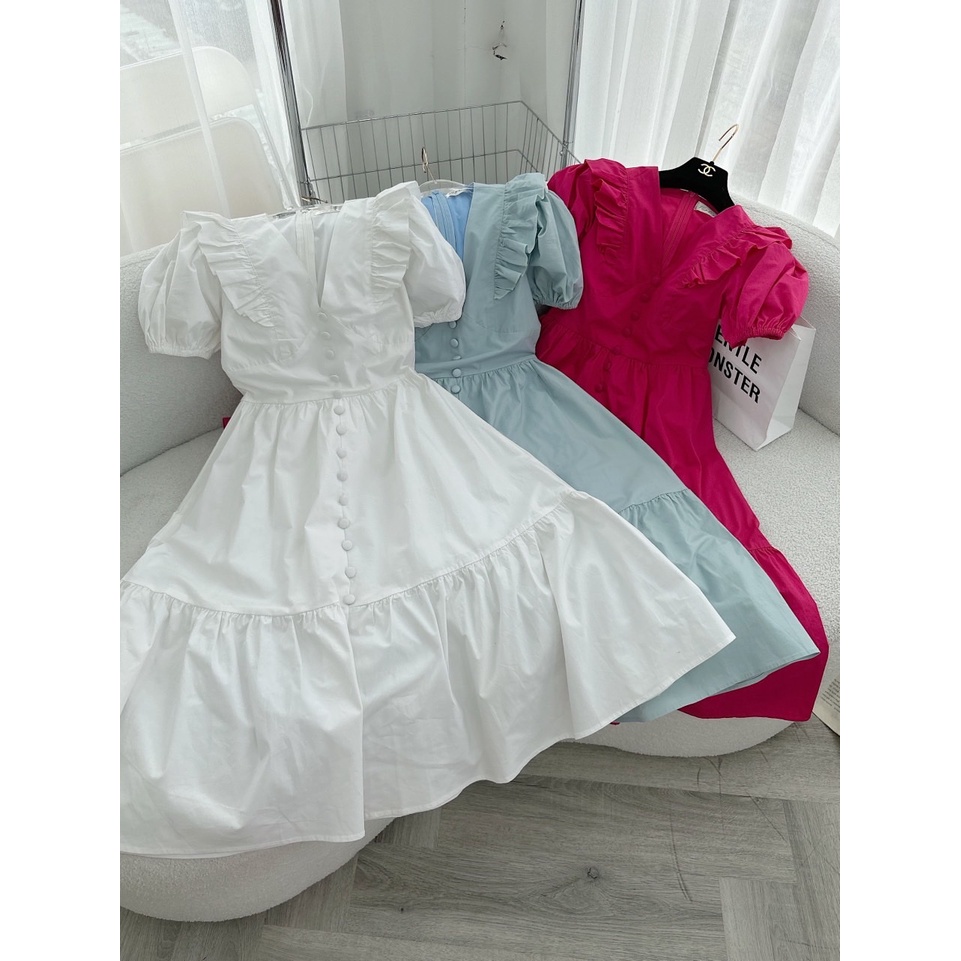 ĐẦM MIDI CỔ V BÈO ĐUÔI CÁ KHÚC 3 MÀU XANH / TRẮNG / HỒNG ANGI HOME