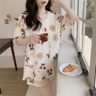 Bộ đồ ngắn mềm mại kiểu hàn họa tiết cherry gấu