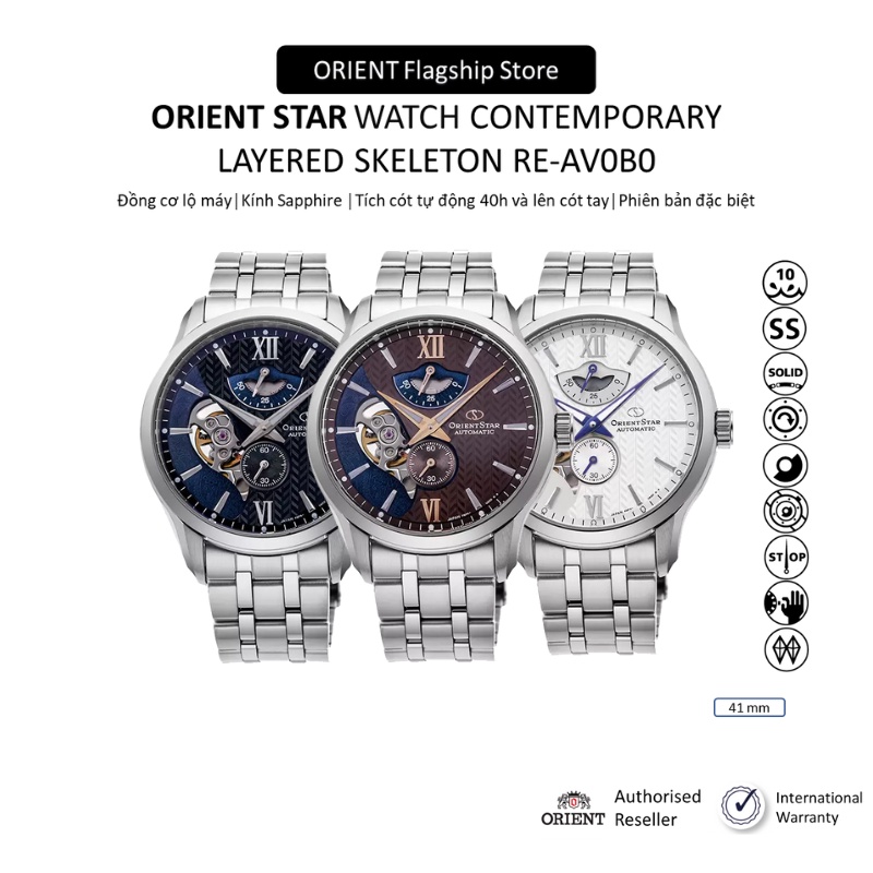 Đồng hồ nam Orient Star Watch Skeleton RE-AV0B0 Phiên bản giới hạn, máy lộ cơ mặt kính Sapphire dây thép chính hãng