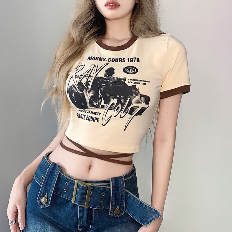 Áo Croptop Ôm Body Nữ BARE Cổ Tròn Tay Ngắn, Áo Thun Croptop Kiểu Sexy In Họa Tiết RAY COTL - AO037
