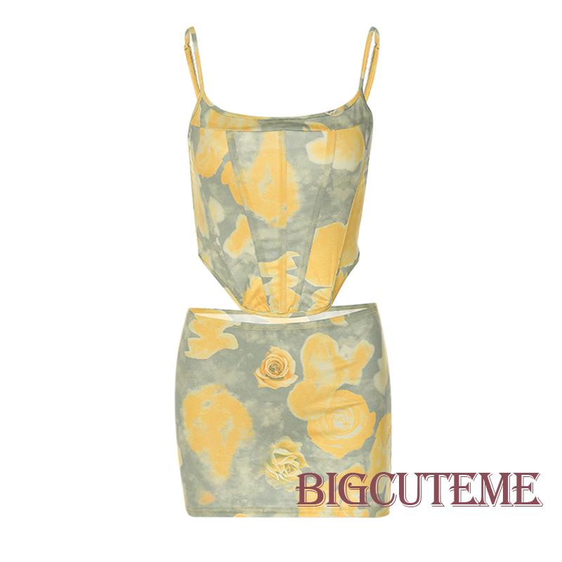 Bộ Trang Phục 2 Mảnh Gồm Áo Hai Dây Họa Tiết Hoa Và Chân Váy Mini Thời Trang Mùa Hè Cho Nữ