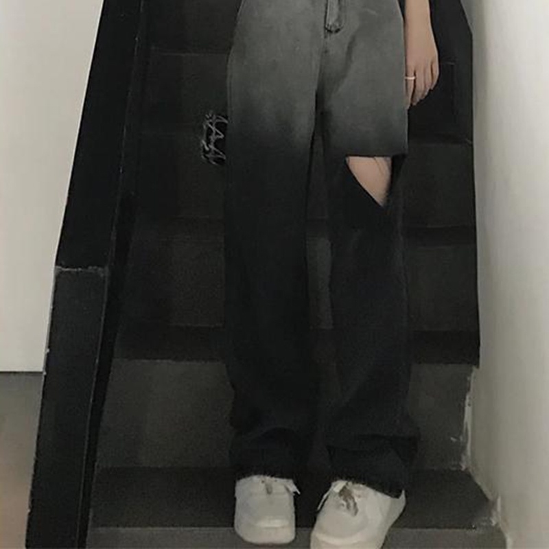 IELGYQuần Jean Dài Lưng Cao Ống Rộng Phối Rách Cá Tính Cho Nữ