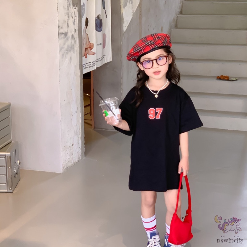 Đầm Thun Tay Ngắn In Chữ Phong Cách Hàn Quốc Thời Trang Mùa Hè Cho Bé Gái
