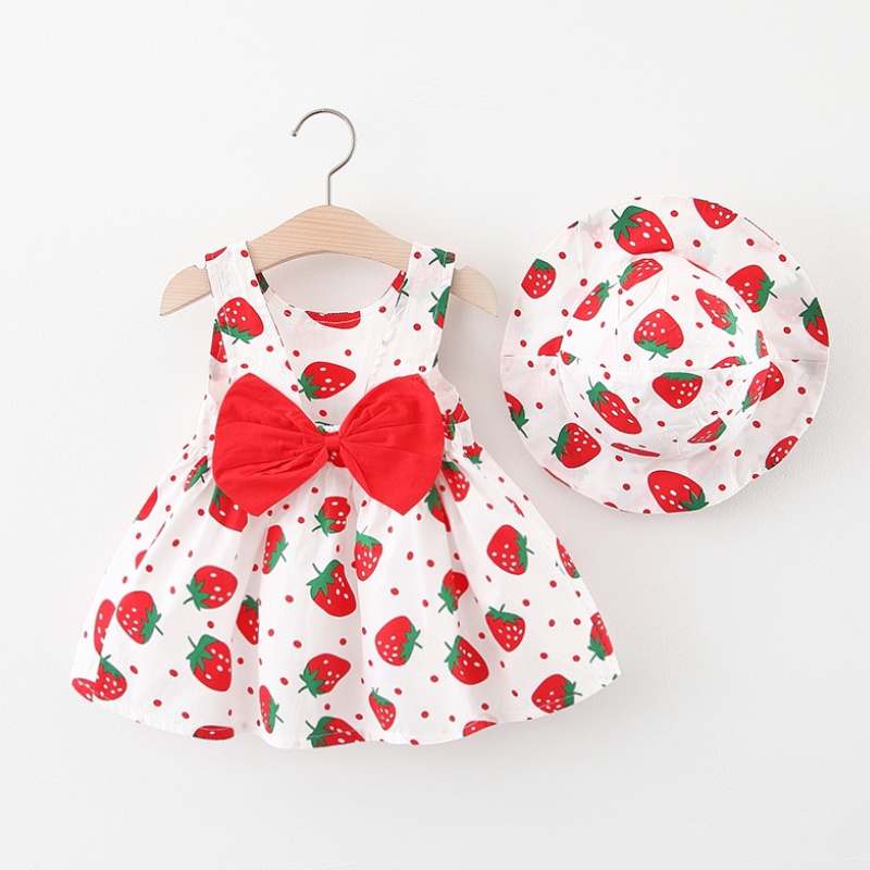 Đầm Công Chúa Vải Cotton Lưng Cao Thắt Nơ In Hình Dâu Tây Dễ Thương Thời Trang Mùa Hè Cho Bé Gái