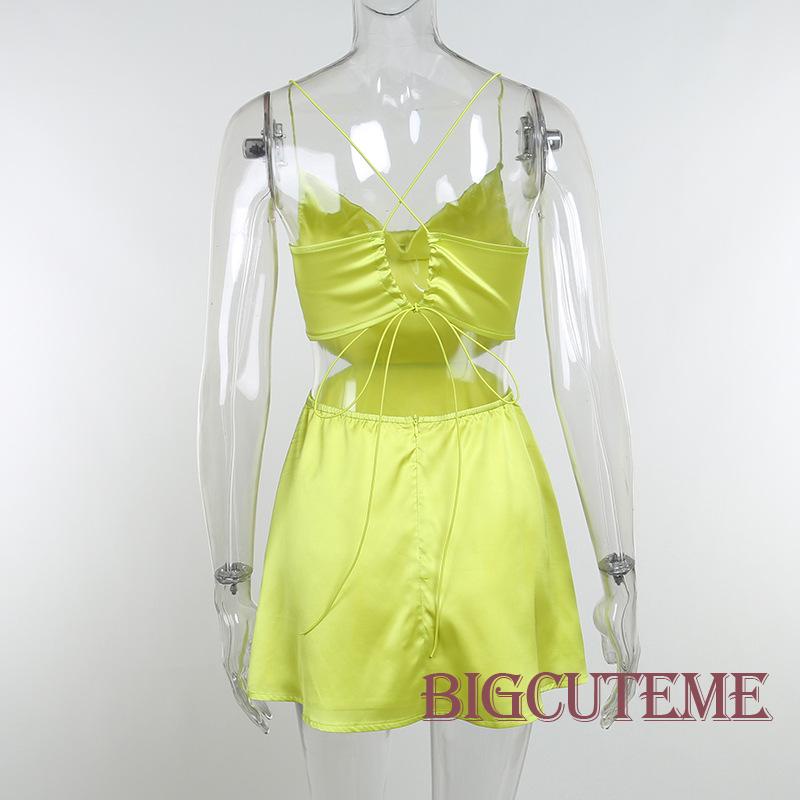 [] - Đầm Ngắn Không Tay Màu Trơn Khoét Lưng Thấp Mùa Hè Cho Nữ