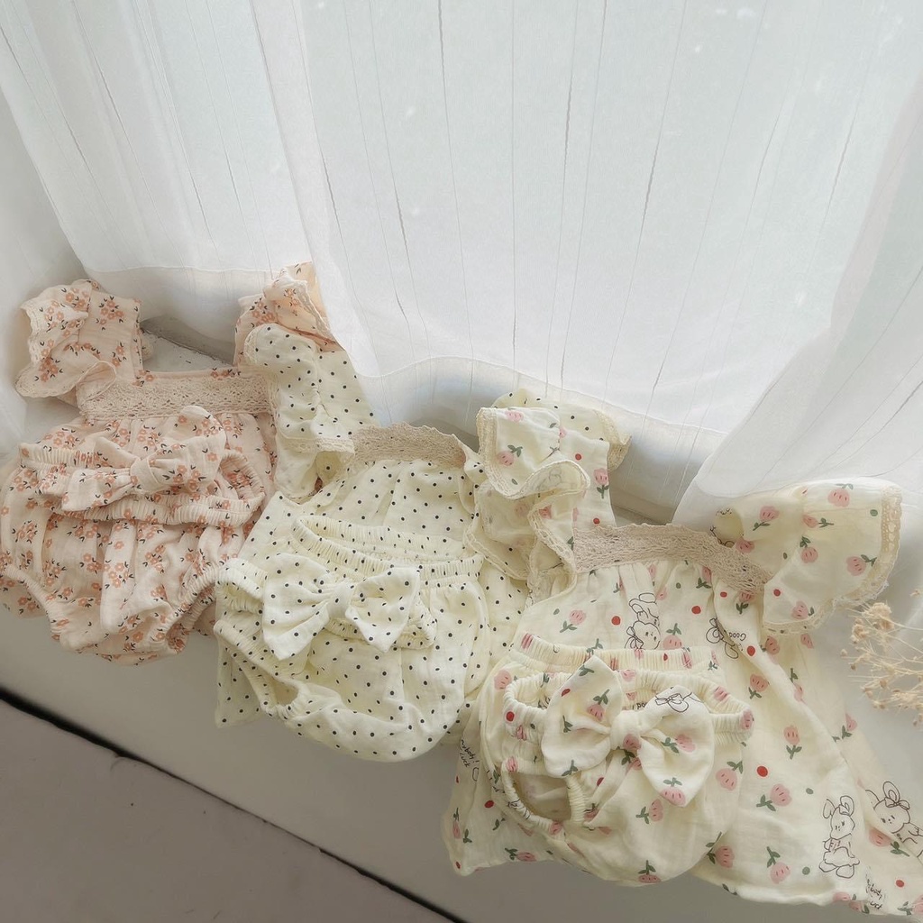 Set 3 chi tiết áo + quần bí + băng đô xô muslin