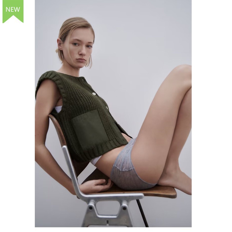 Made in Morocco - Áo len Zara xanh không tay AT1KTG53N10