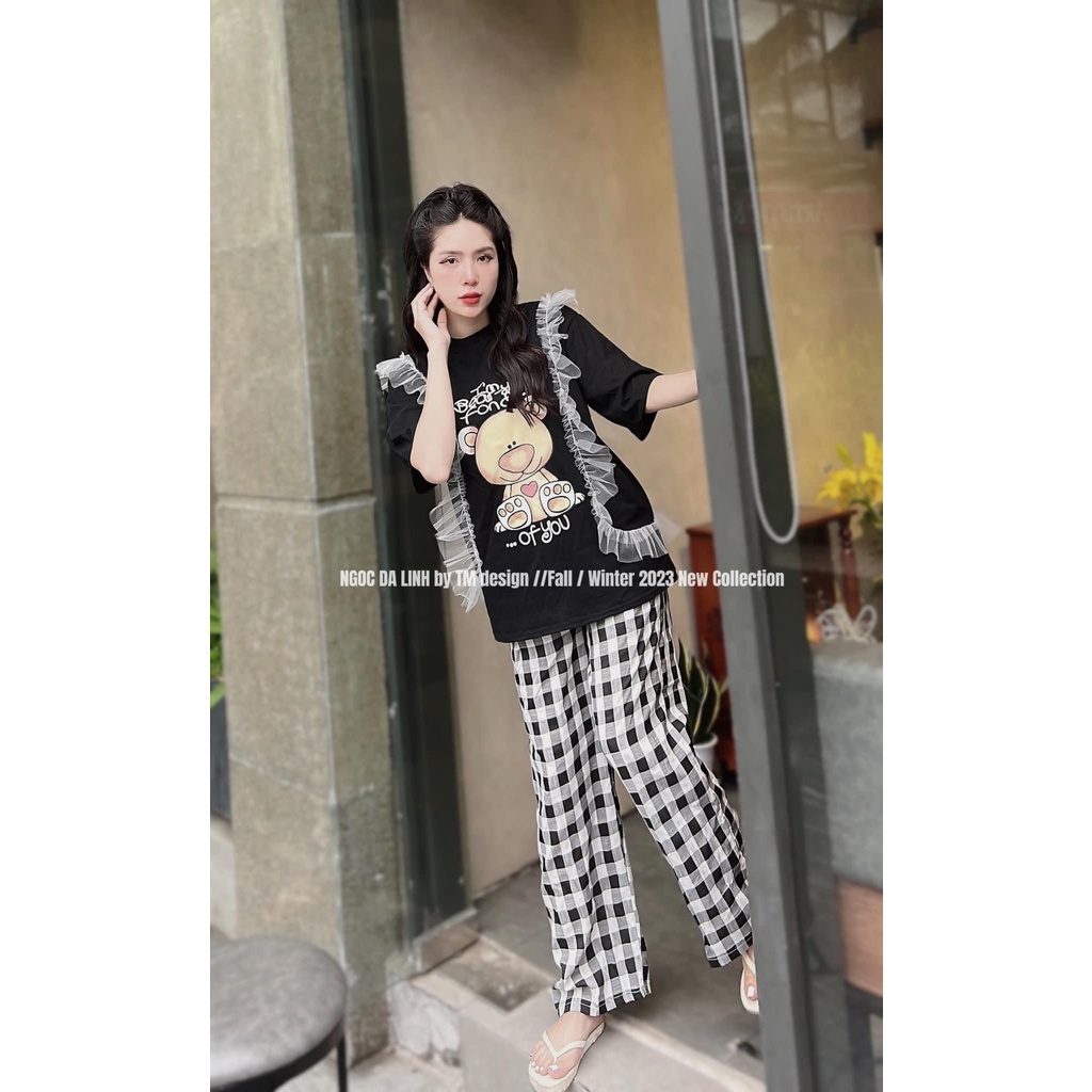 Set áo phông gấu viền bèo mix quần suông caro BN171
