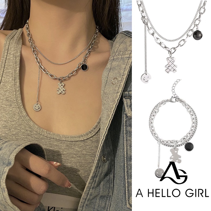 Bộ vòng đeo tay và vòng cổ AHELLOGIRL mặt dây hình gấu phong cách hip hop thời trang cá tính (có bán lẻ)