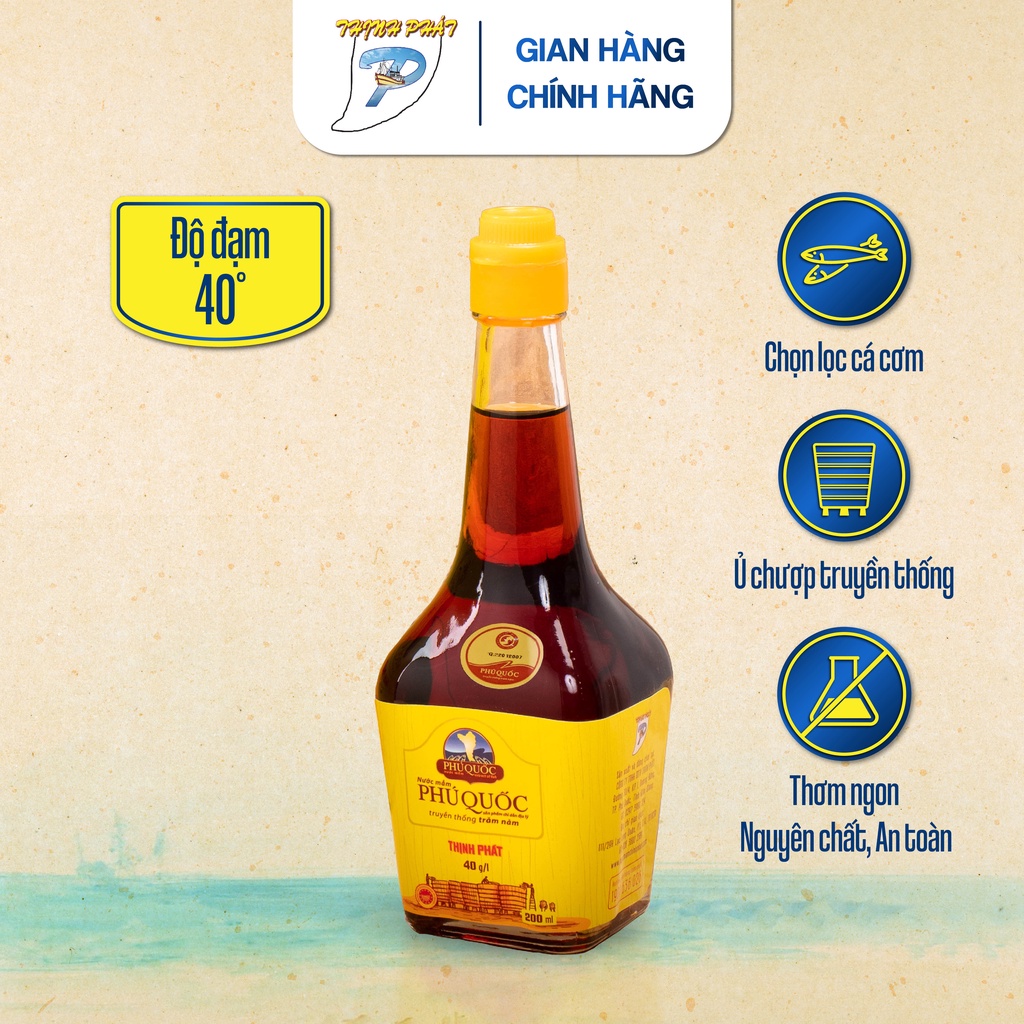 Chai thuỷ tinh Ngọc Bích 40 độ đạm 200ml nước mắm truyền thống Phú Quốc Thịnh Phát nguyên chất từ cá cơm biển Phú Quốc