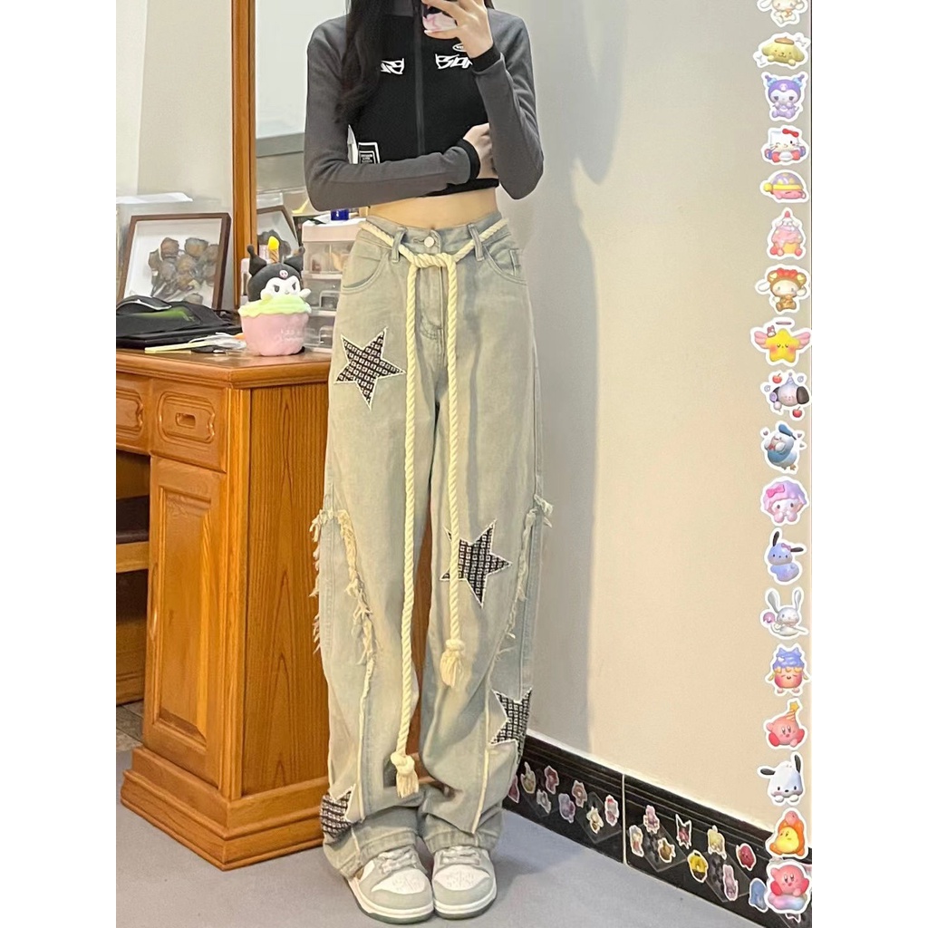 Hong Kong style vintage star pattern jeans women's spring new spicy girls high waist loose thin hemp rope straight trousers