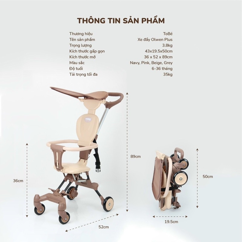 Xe đẩy gấp gọn siêu nhẹ ToBe Plus cho bé từ 6-36 tháng - Kèm Mái che và đệm ngồi