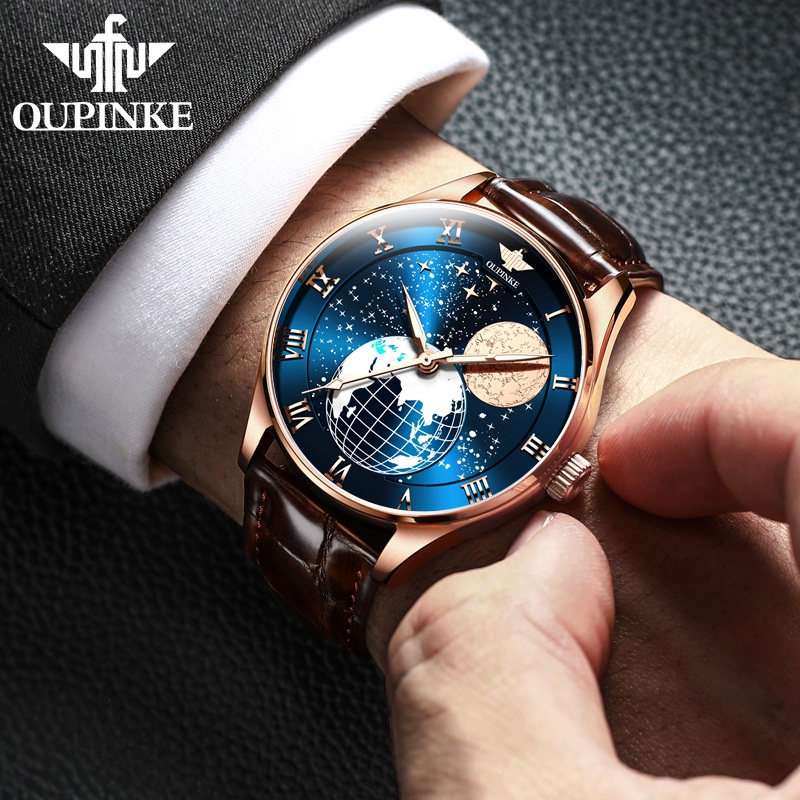 Đồng hồ nam cao cấp Oupinke máy cơ size 40mm,dây đeo bằng da,chống nước 50m,bảo hành toàn quốc 12 tháng