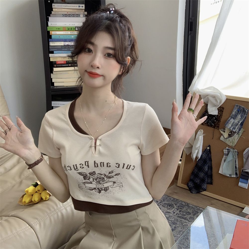 COZOK Áo Thun Ngắn Tay Hở Rốn In Họa Tiết vintage Thời Trang