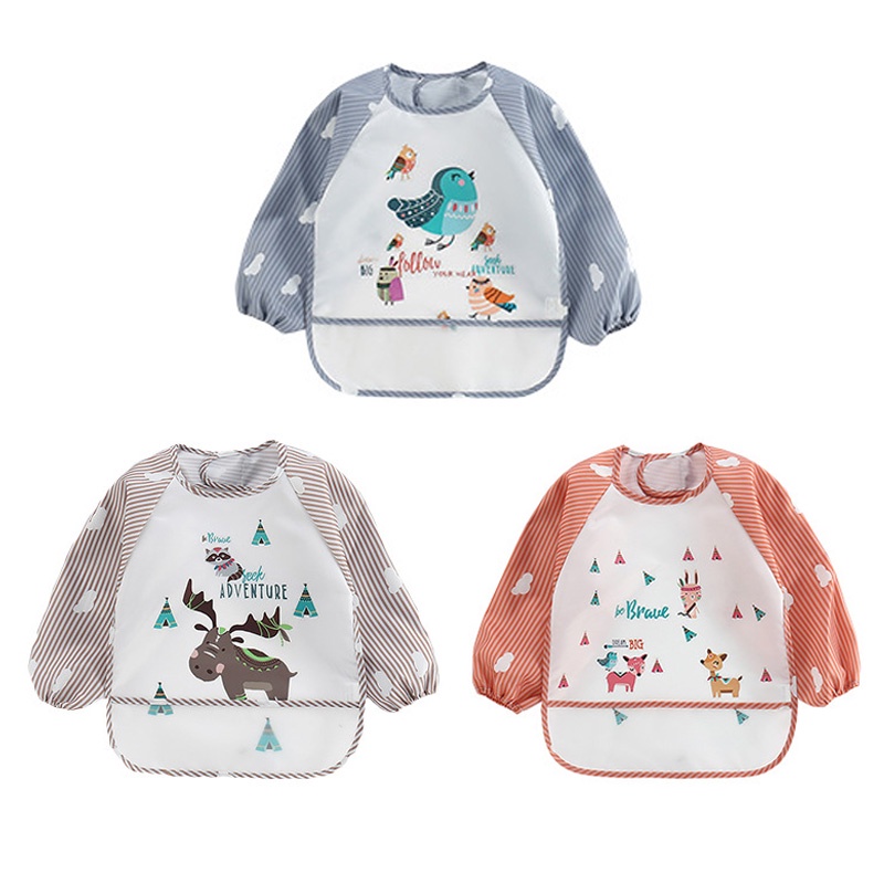 Babyfair 3 chiếc Yếm Cho Bé Có Tay Không Thấm Nước Thể Giặt Bằng Polyester In Hình Động Vật Tập Đi Vải Trang Phục