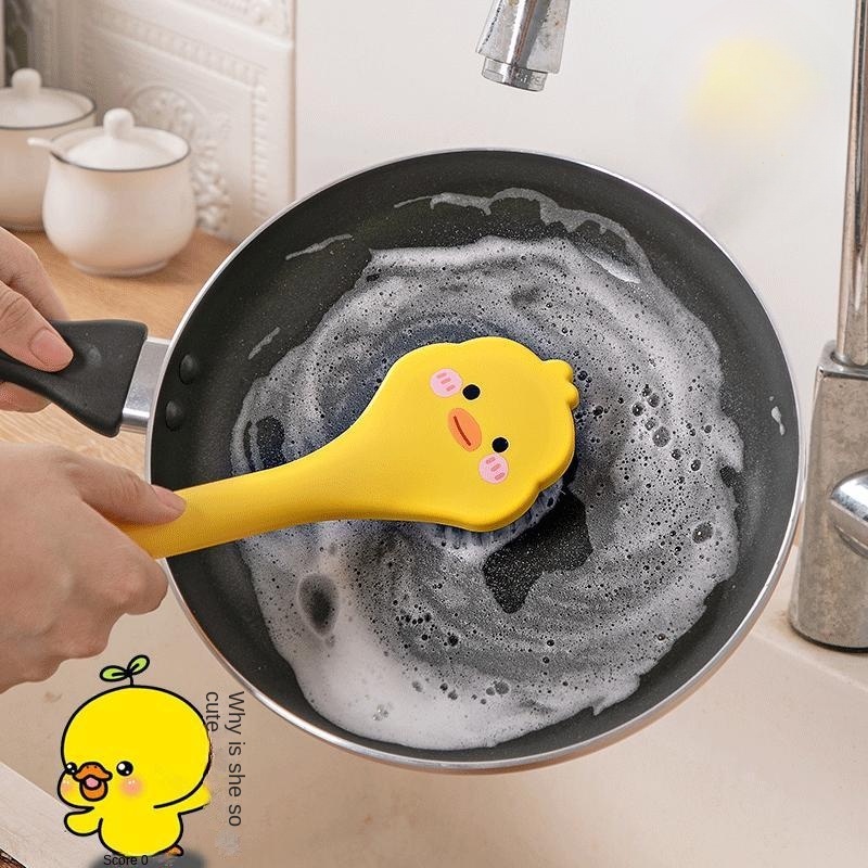 Bàn Chải Vệ Sinh Nồi Chảo Có Tay Cầm Dài Hình Chú Vịt Vàng Hoạt Hình Sáng Tạo