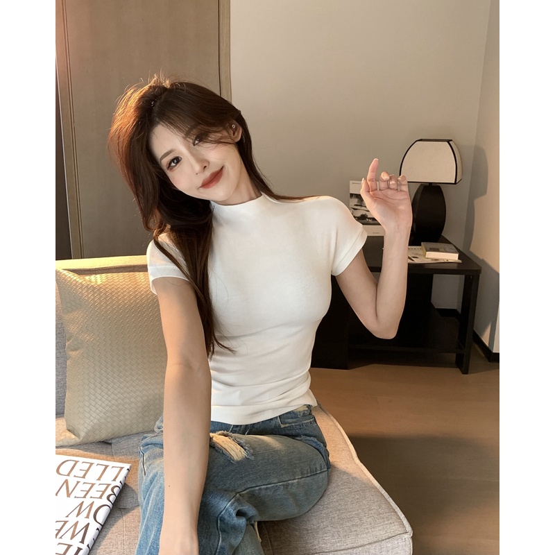 QKOOLE Áo thun  cotton cổ cao tay ngắn ôm dáng màu trơn thời trang mùa hè quyến rũ dành cho nữ