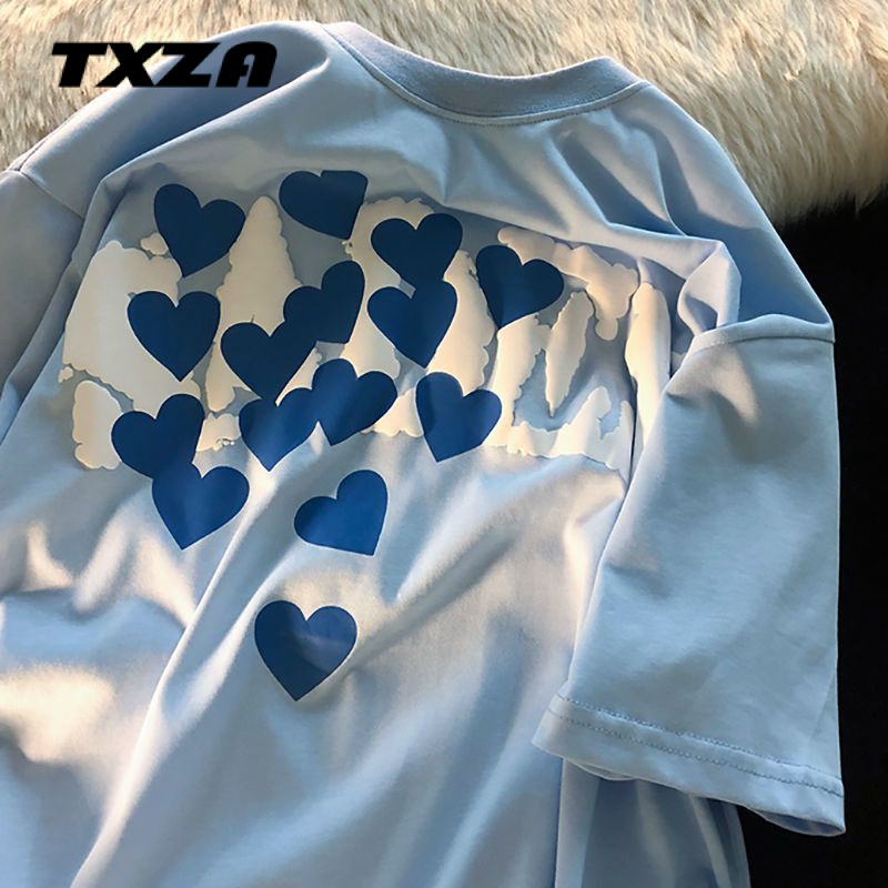 Áo Thun 100% Cotton Tay Ngắn Dáng Rộng In Hoạ Tiết Trái Tim Dành Cho Cặp Đôi