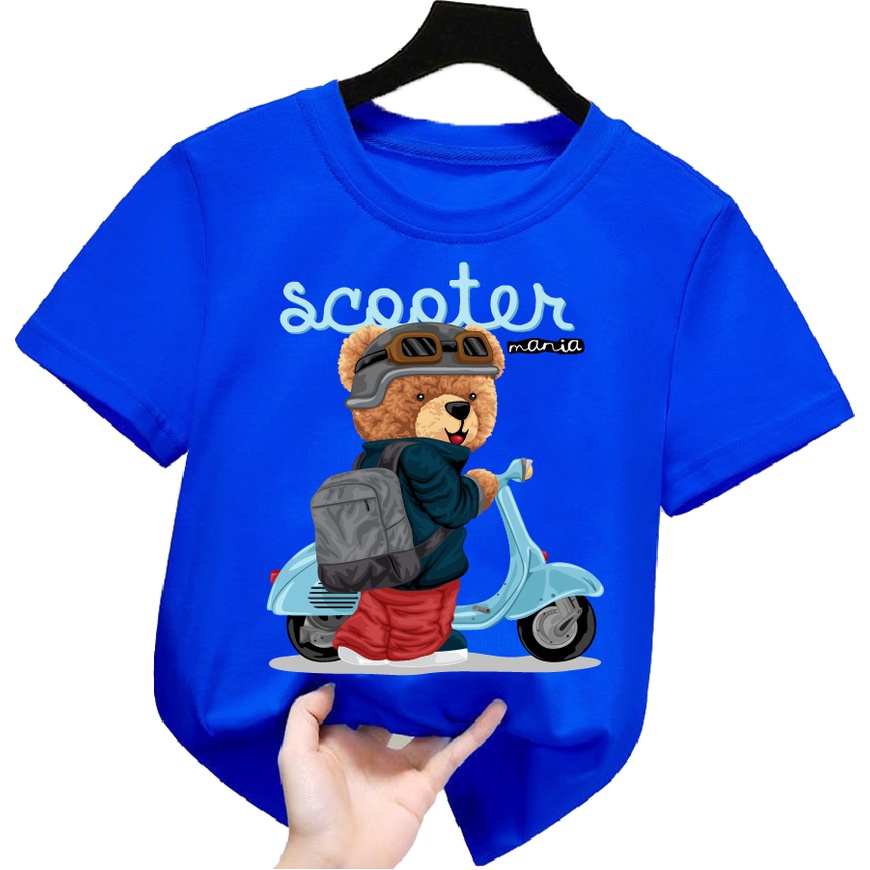 Áo thun trẻ em be trai bé gái hình gấu đeo kính dắt xe cho bé từ 6kg đen 30kg.G2.