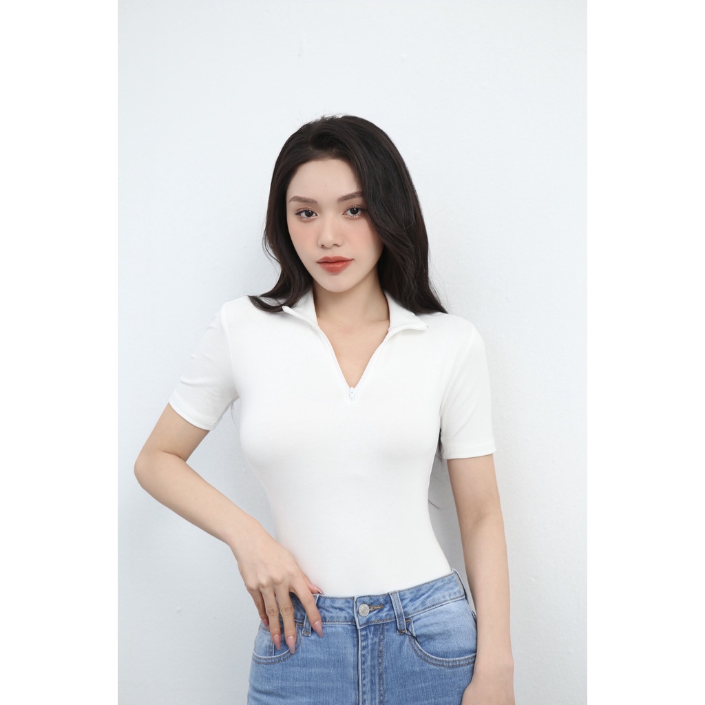 Áo thun tay ngắn nữ kiểu polo dáng ôm chất cotton zip co giãn phối khóa kéo sexy, CT JEANS