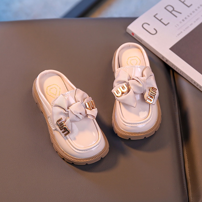Dép Da Mũi Tròn Đính Nơ Chống Trượt Thời Trang Xuân Hè 2023 Cho Bé Gái