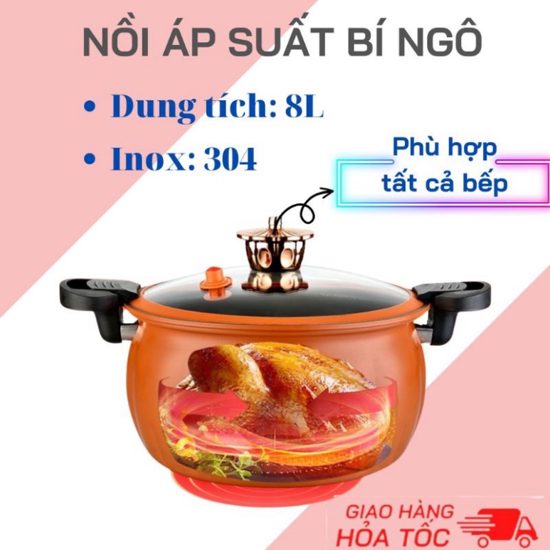 Nồi áp lực Bí Ngô Chống Dính 8L thông thái - Nồi Hầm 4in1 Hầm Gà, Cháo, Nồi Chiên, xào luộc Đa Năng , đồ gia dụng thông