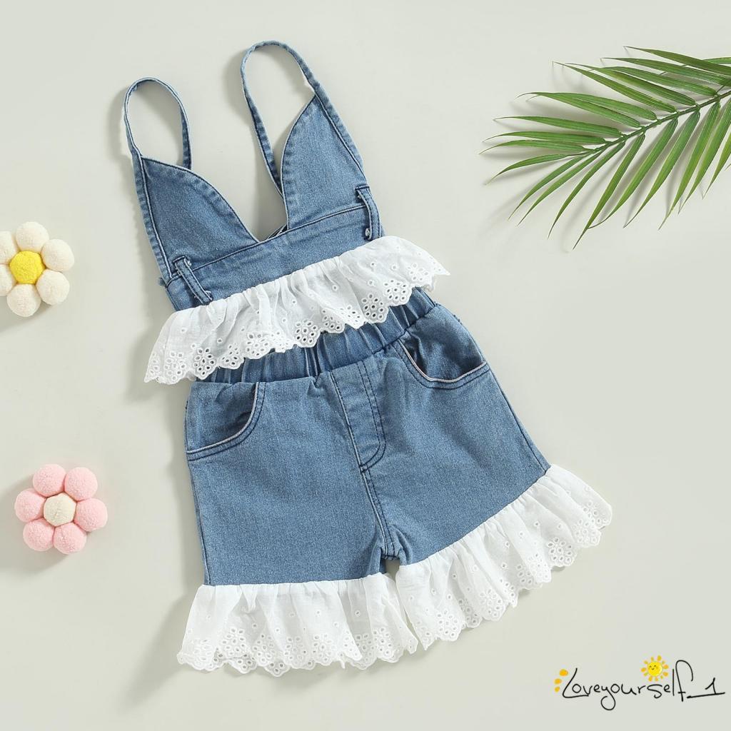 Bộ Áo Hai Dây Phối Ren + Quần Short Denim Co Giãn Thời Trang Mùa Hè Cho Bé B930G