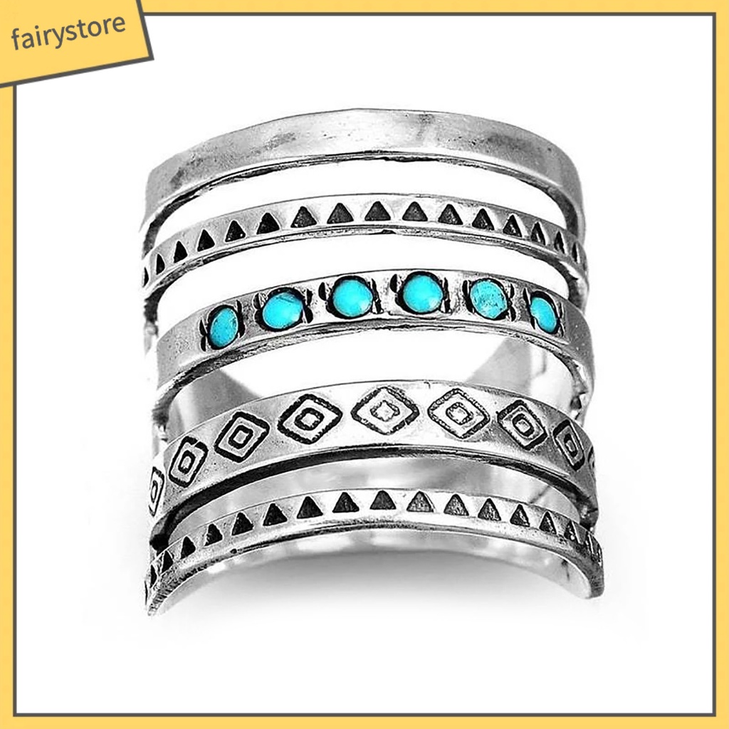 [Fairy1] Nhẫn Nhiều Lớp Họa Tiết Biểu Tượng Đính Đá Ngọc Lam Phong Cách Bohomian Cho Nữ