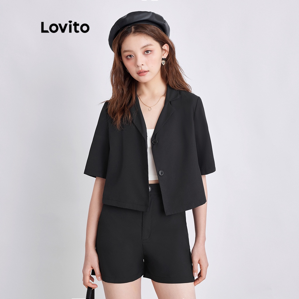 Lovito Bộ Áo Sơ Mi Đen Ngắn Tay Cho Nữ L37ED029
