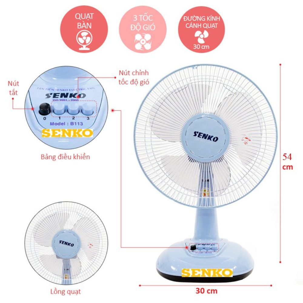 Quạt điện để bàn mini Senko B1216 màu trắng , xám , xanh công suất 40w , 3 tốc độ siêu mát không ồn dạng cây đứng