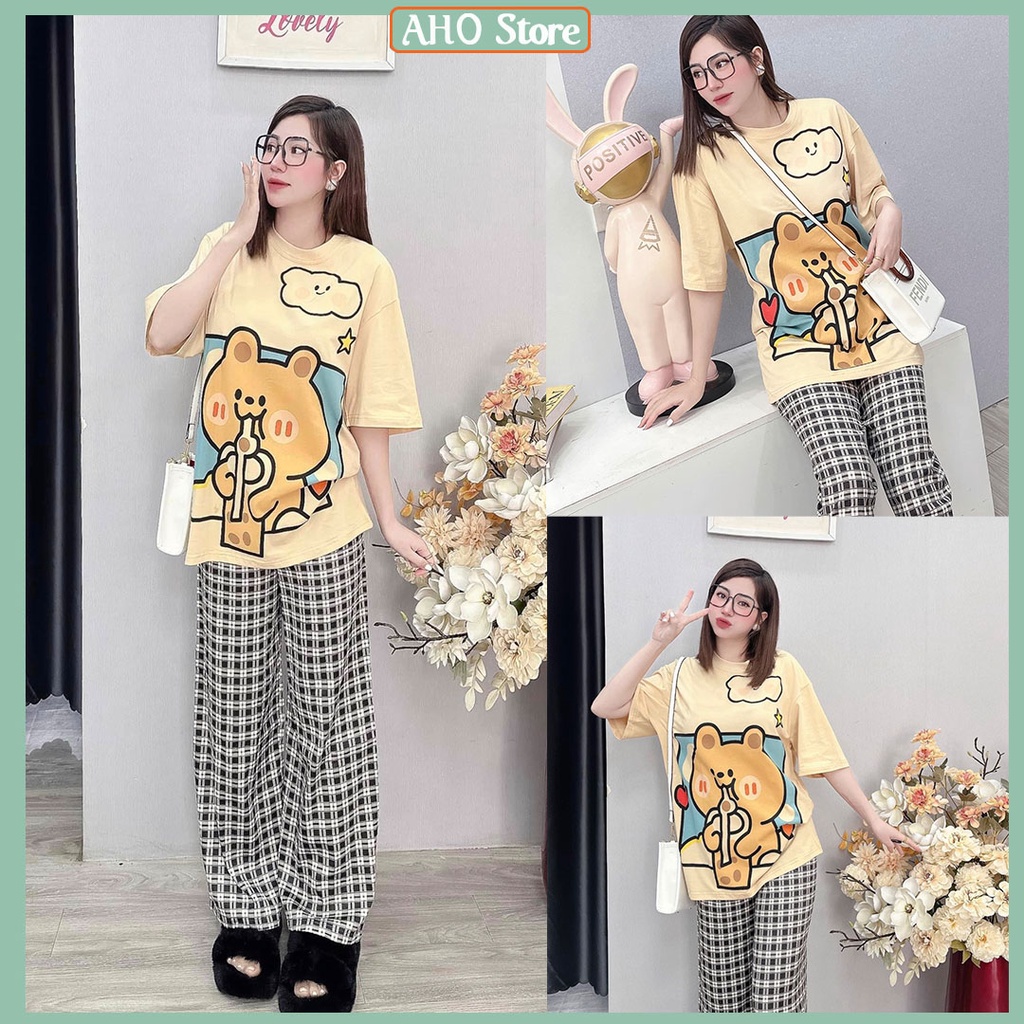 Set Bộ Nữ Áo Thụn Hoạt Hình Mix Quần Suông Kẻ Dáng Thụn Freesize